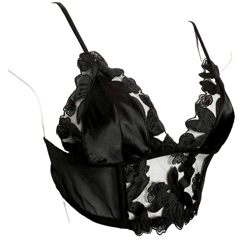 Victorias Secret Floral Bra Size XS Black Embroidered Lace Bralette Balconette S